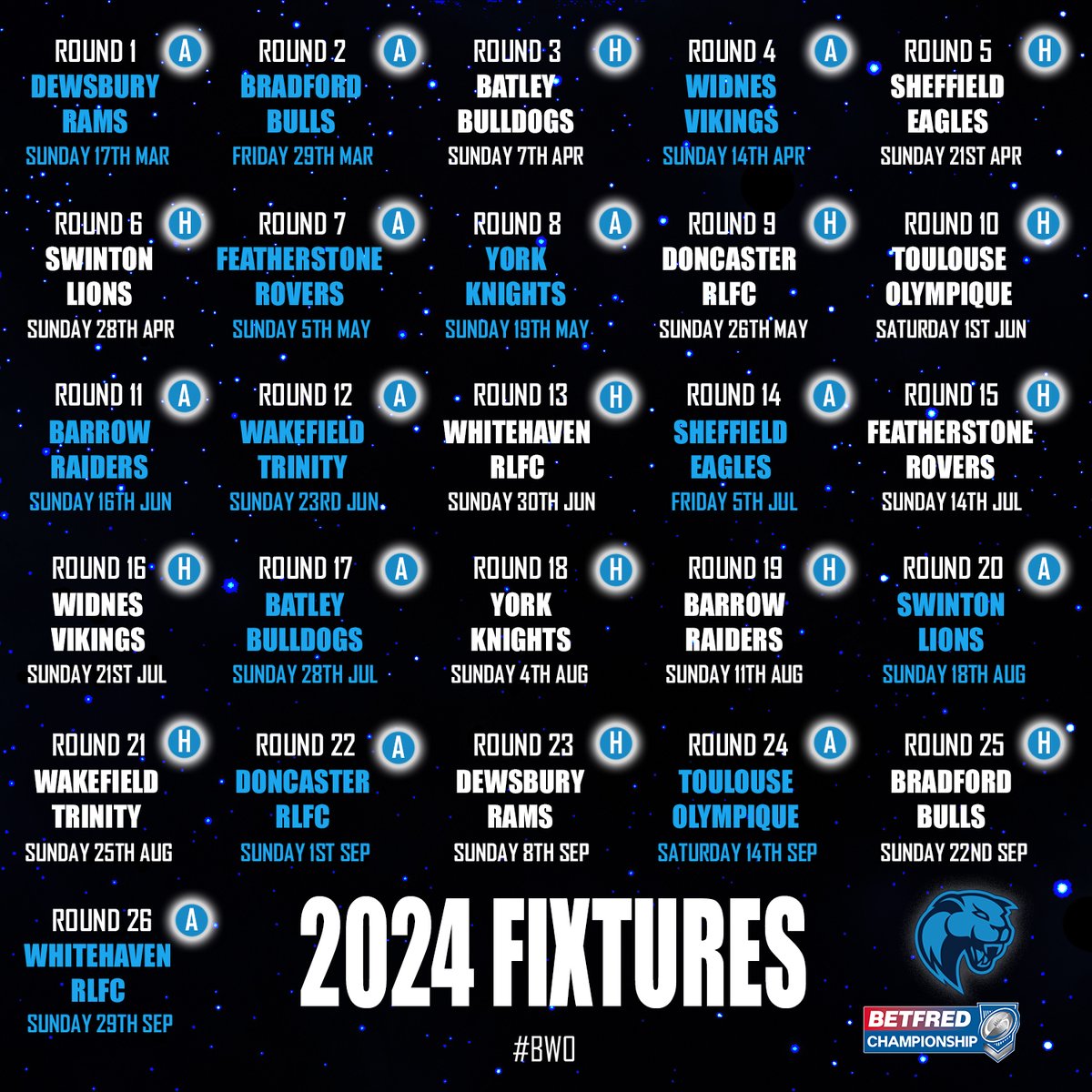 BLUE WORLD ORDER 🔵⚪️🐾 Here are our official 2024 Betfred Championship Fixtures 🙌

Some stand out ties there 🧐 Set to be another solid division 💪

Our full fixture list including cup ties and schedules can be found here: halifaxpanthers.co.uk/matches/

#BWO