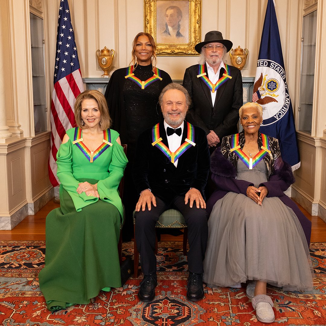 The official 46th Annual Kennedy Center Honors class photo is here! 📸 Taken at the Medallion Ceremony in the State Department, the ribbons symbolize a spectrum of many skills within the arts spanning genres. 📸: Mary Kouw / CBS #KennedyCenterHonors