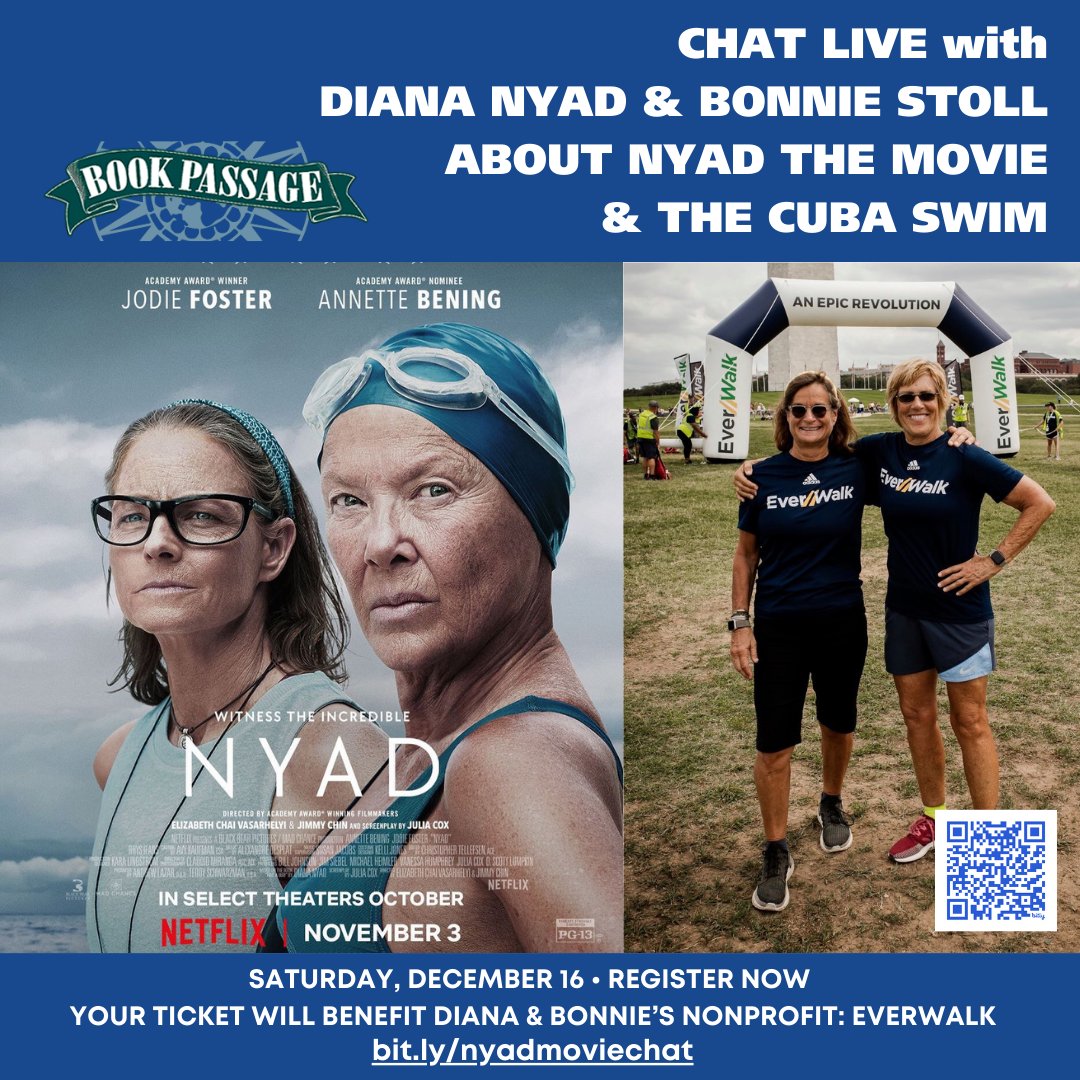 diananyad's tweet image. The Netflix hit movie NYAD is inspiring viewers worldwide.  Join me for a special MOVIE CHAT on 12/16 with Bonnie about both the real-life ocean crossing and the movie. Ticket benefits our nonprofit EverWalk and is hosted by Book Passage. Register now: bookpassage.com/event/diana-ny…