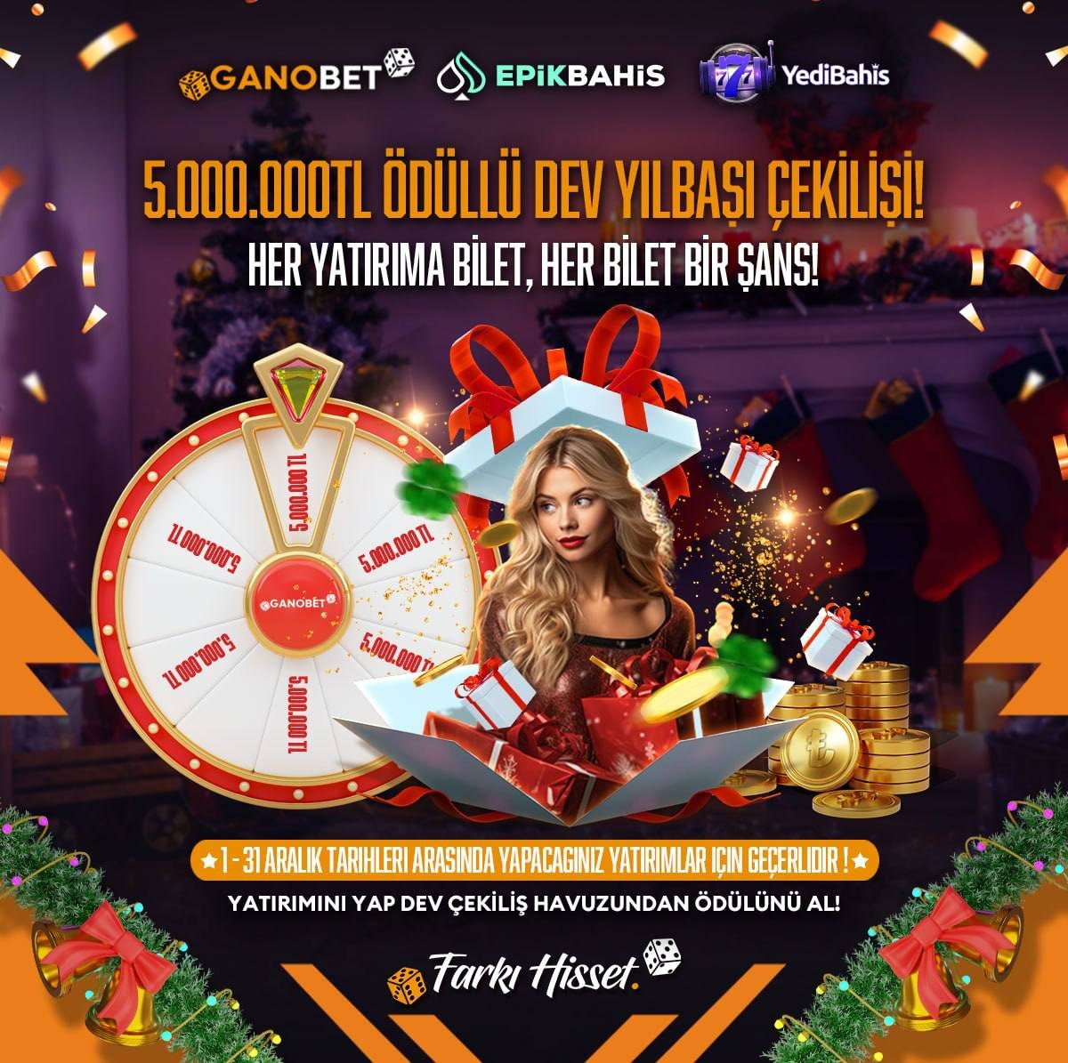 ganobetsosyal's tweet photo. 🏆 GANOBET 5.000.000 TL ÖDÜLLÜ YILBAŞI ÇEKİLİŞİ!

💫 3 Arkadaşını Etiketle ve RT Yap
🎰100 kişiye 25x SWEET BONANZA FREESPİN KAP!

🎄 Yılbaşı ağacı altında gizlenmiş ödüller seni bekliyor!

🎅 1-31 Aralık tarihleri arasında yapacağınız yatırımlarda her 100 TL ve katları  için 1 Bilet Hakkı!

❗️ Çekiliş milli piyango sonuçlarına göre sonuçlandırılıcaktır!

🎁  Detaylar promosyon sayfasında!

💎 GANOBET FARKI HİSSET!
