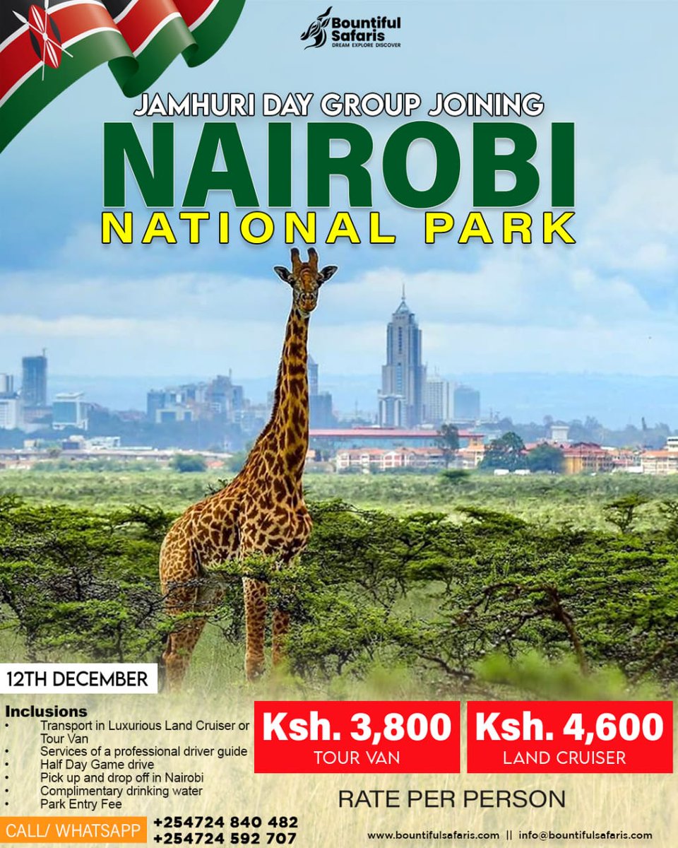 🇰🇪 #JamhuriDay — NAIROBI NATIONAL PARK DAY TRIP: • Kshs 3,800 PP - Van • Kshs 4,600 PP - Cruiser Inclusions: • Pick up and drop off in Nairobi • Comprehensive game drive • Complimentary drinking water 📥 DM US TODAY 📞 0724592707/0724840482 📧 info@bountifulsafaris.com