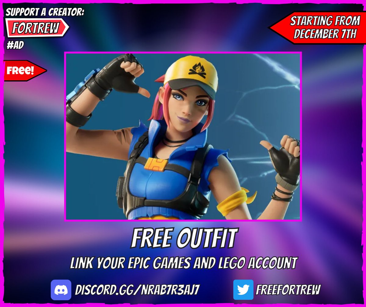 freefortrew's tweet photo. Free Outfit

Link your Epic Games and Lego accounts.

🏆 Reward:
• "Explorer Emilie" Outfit

🔗 Link: 
https://t.co/yKg4bfWkzX

❗ The Outfit will be granted on December 7th!

#Fortnite https://t.co/D39t2i13g2