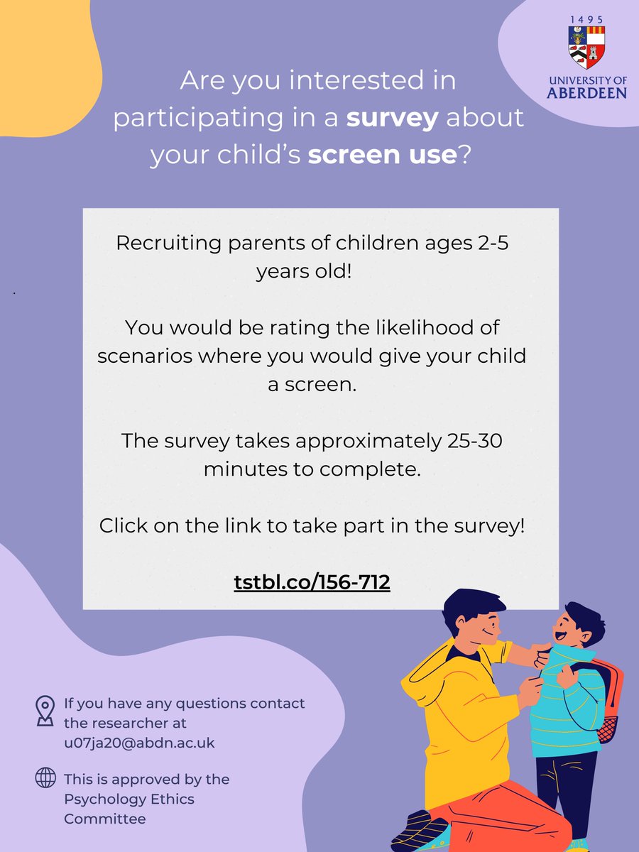 thebrainstudies's tweet photo. Recruiting PARENTS of children aged 2-5 years old to take part in a survey about your child’s screen use! 📱
It takes 25-30 minutes to complete, click on this link to take part: https://t.co/apNCVwRyh1

📧Contact Jennifer Anderson at u07ja20@abdn.ac.uk if you have any questions. https://t.co/Hzu87pBCBo
