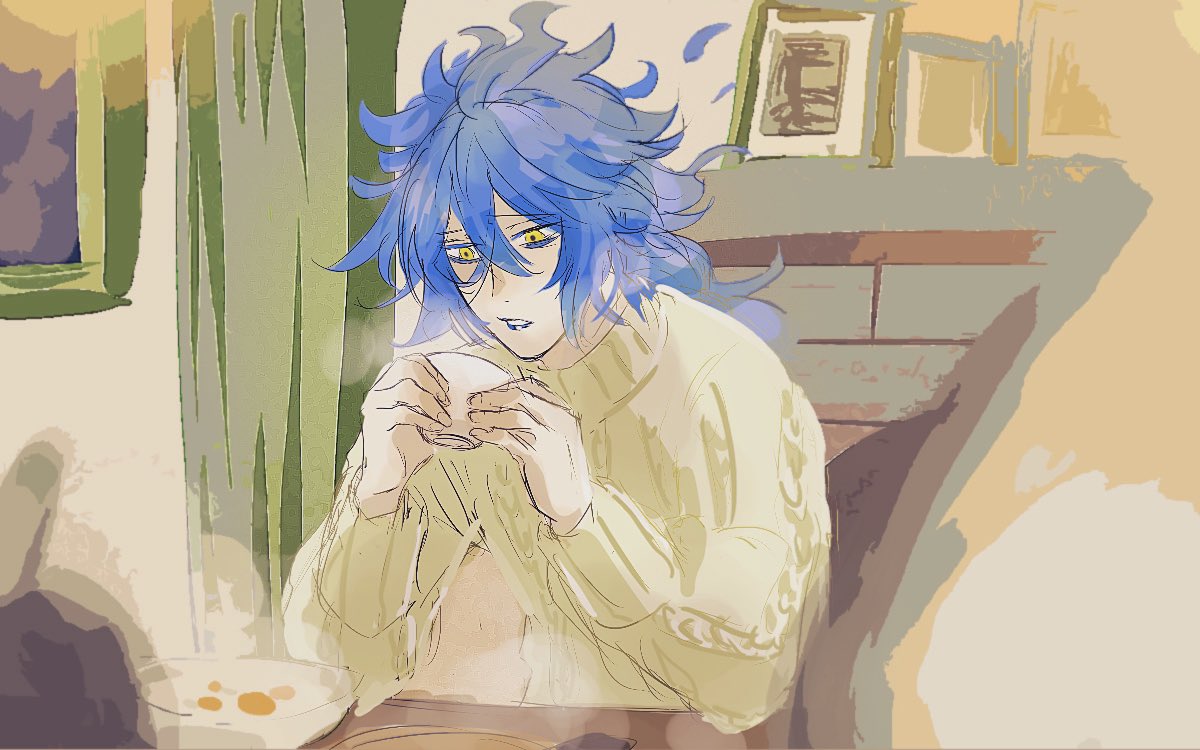 male focus 1boy yellow eyes blue hair sweater cup long hair  illustration images
