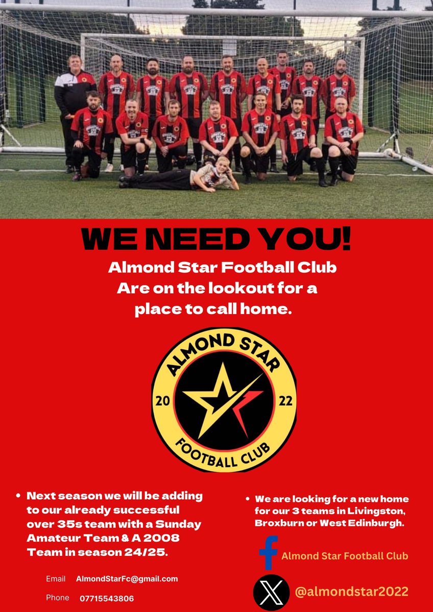 Almond Star looking for a new home for our three teams in the West Edinburgh or West Lothian area, Anyone able to help us ? 

<a href="/LeafaOfficial/">Official_LEAFA</a> <a href="/EastScotlandFA/">East of Scotland Football League</a>