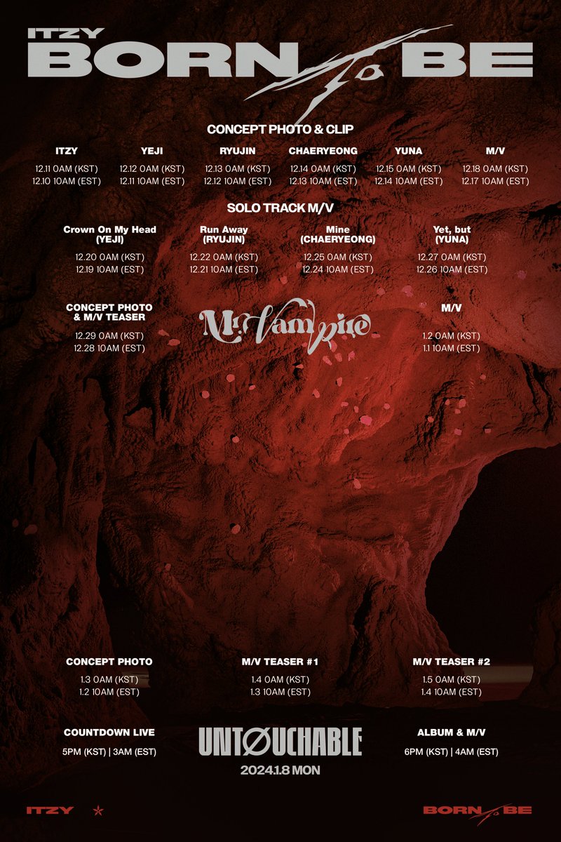 ITZYofficial's tweet image. ITZY &amp;lt;BORN TO BE&amp;gt; PROMOTION SCHEDULER

📌 ALBUM RELEASE 
2024.01.08 MON 6PM (KST) | 4AM (EST)

#ITZY #MIDZY @ITZYofficial
#ITZYComeback
#ITZY_BORNTOBE