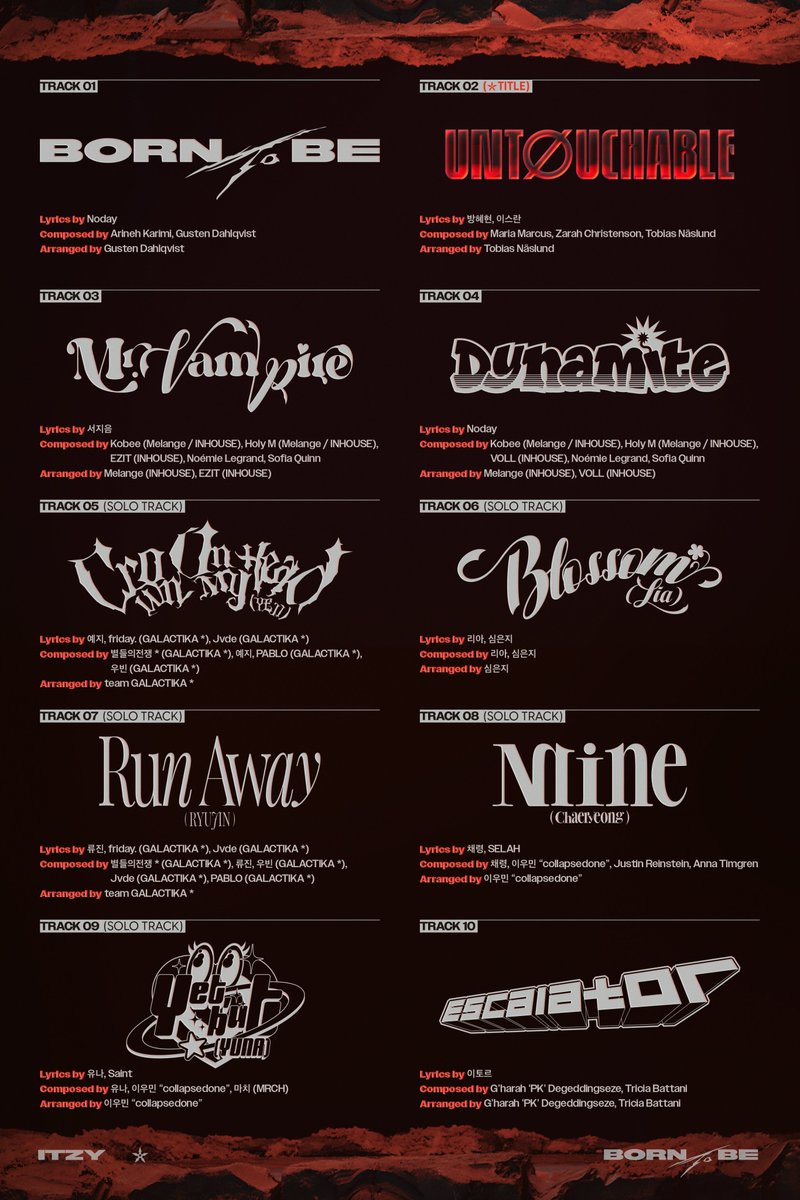 ITZYofficial's tweet image. ITZY &amp;lt;BORN TO BE&amp;gt; TRACK LIST

📌 ALBUM RELEASE 
2024.01.08 MON 6PM (KST) | 4AM (EST)

#ITZY #MIDZY @ITZYofficial
#ITZYComeback
#ITZY_BORNTOBE
#ITZY_UNTOUCHABLE