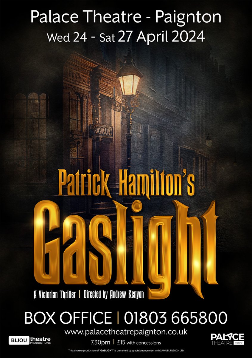 Gaslight a classic Victorian thriller, Gaslight. 

A dark tale of a marriage based on deceit and trickery, and a husband committed to driving his wife insane in order to steal from her.

24-27 April book your tickets here palacetheatrepaignton.co.uk/series/gasligh…