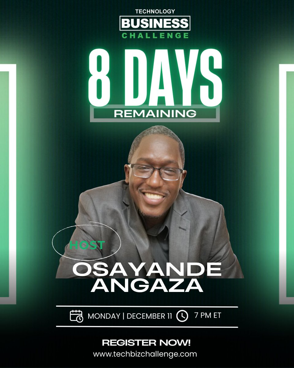 oangaza's tweet image. Only 8 Days Left! 
The Technology Business Challenge on Dec 11 is your arena to shine! Innovate, network, and compete with the best in tech. 🤖💡

Register Now!

#techbizchallenge