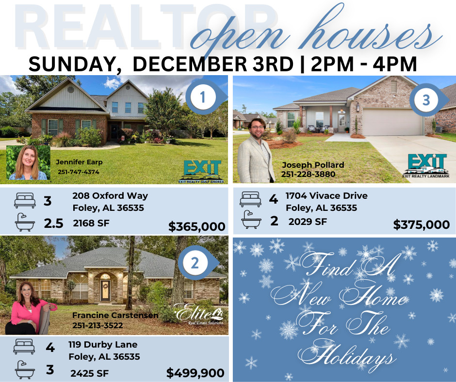 ❄🎄🏡 Check out these 3️⃣ #openhouses in Cambridge Parke & Ledgewick today in Foley from 2-4 pm! 
Stop #1️⃣ is at 208 Oxford Way
Stop #2️⃣ is at 119 Durby Lane
Stop #3️⃣ is at 1704 Vivace Drive
Find your new #homefortheholidays! 
#openhouse #househunting #teamworkmakethedreamwork