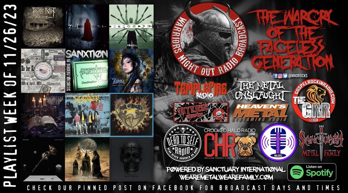 wnorocks's tweet photo. @followers ATTENTION Spotify Users...Week of 11/26/23 is now AVAILABLE to stream on our Spotify channel (just look up Warriors Night Out Radio Broadcast to access archive episodes) and also available through ￼Sanctuary International Matrix on https://t.co/rjTHhwCyXa https://t.co/3inzquKn9r