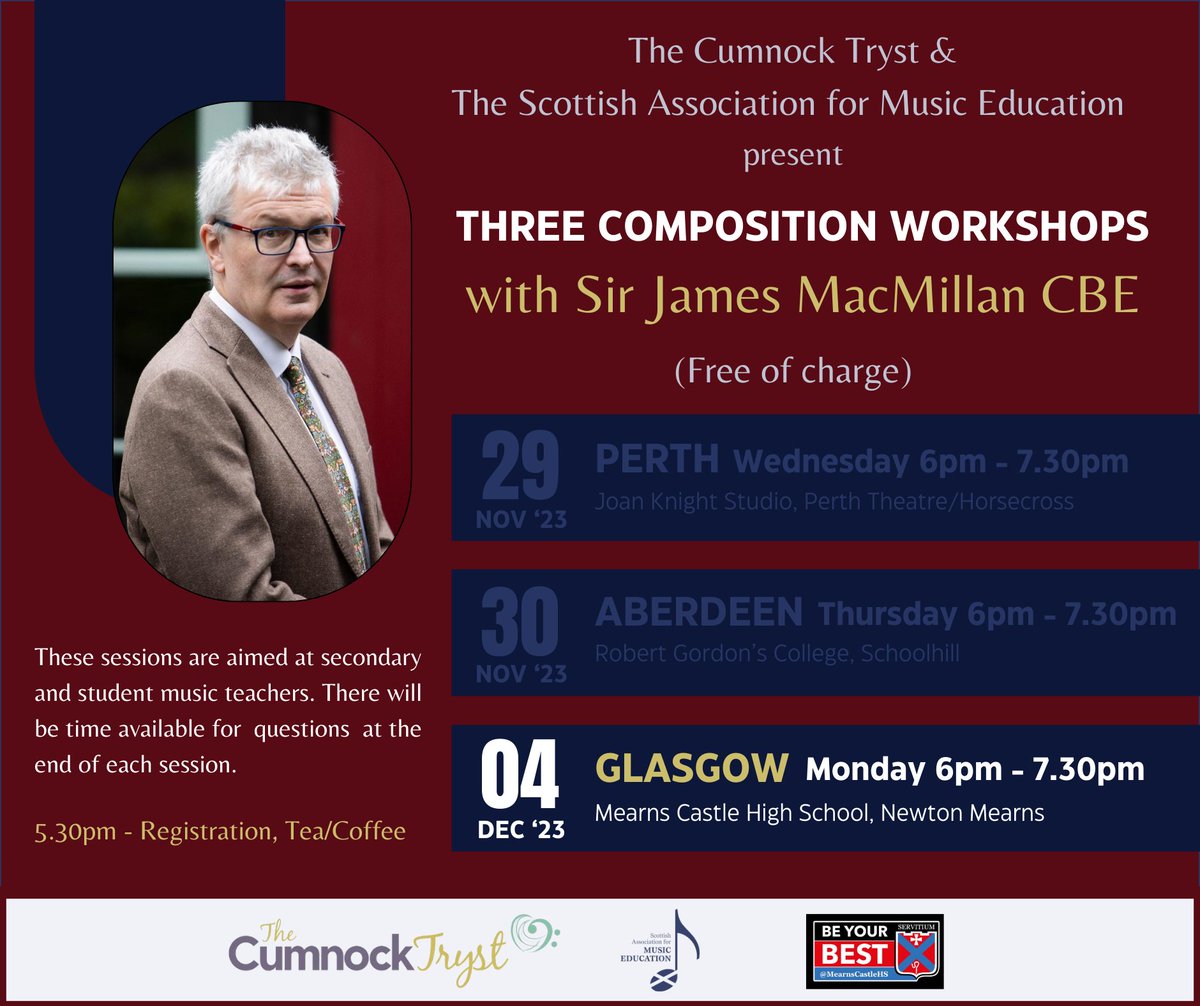 FREE COMPOSITION WORKSHOP for Secondary Music Teachers, with Sir James MacMillan. SAME is delighted to bring this event to you in partnership with The Cumnock Tryst.