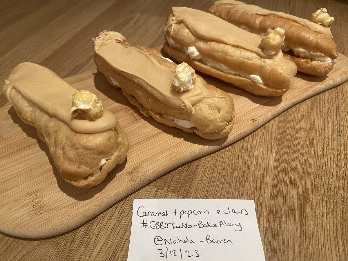 My last bake for this years @BritishBakeOff. 

Caramel and popcorn eclairs. Something a little different to the traditional chocolate eclairs. 

Congratulations to @mattyedgell. A well deserved win!#gbbotwitterbakealong @thebakingnanna1 @Rob_C_Allen