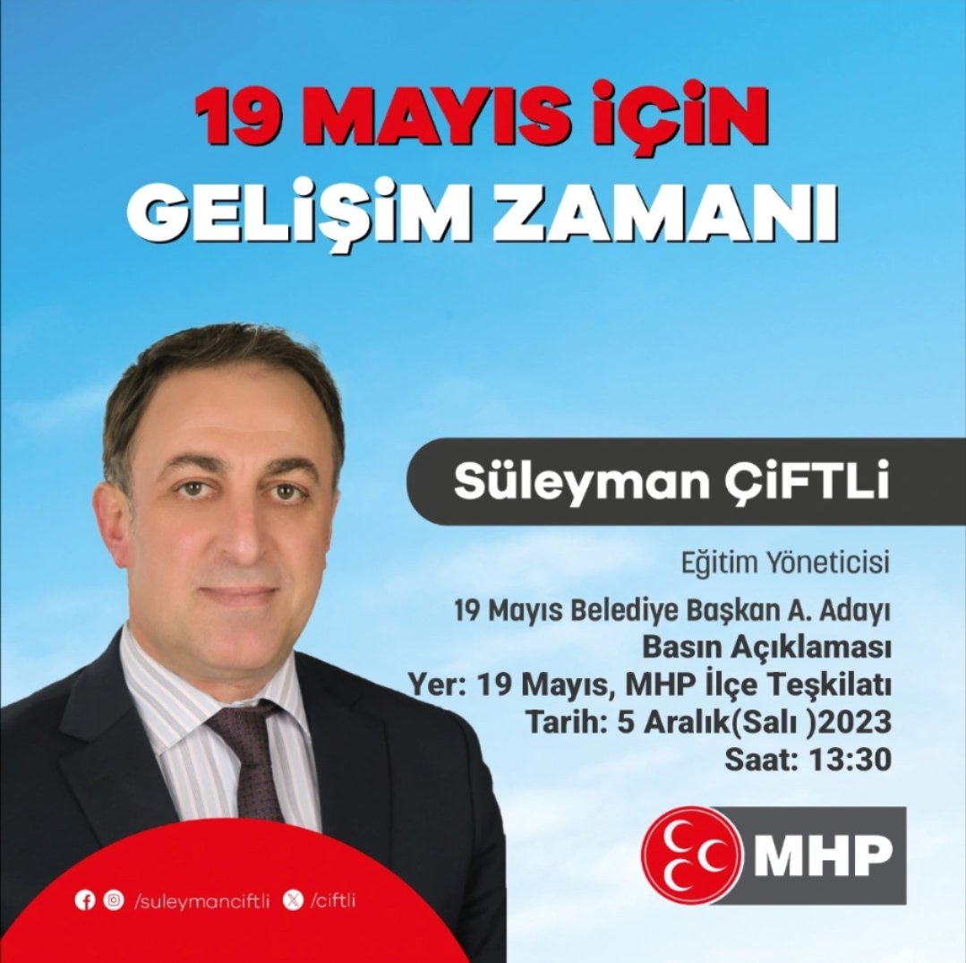 Siz kıymetli dostlarımızı, 19 Mayıs Belediye Başkanlığı Aday adaylık basın toplantısinda aramızda görmekten onur duyarız.

#MHP19Mayıs 
#MHPSamsun