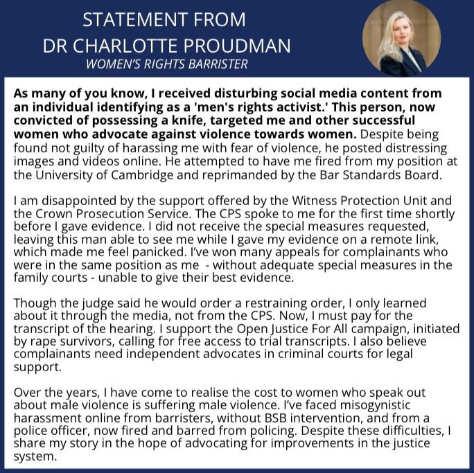 I was targeted by a man who sent a photograph of himself with a gun, said blood would run in the streets and threatened to ruin my career. He was found guilty of knife possession &amp; can’t contact me.

Women who speak out about male violence suffer male violence.

My statement.