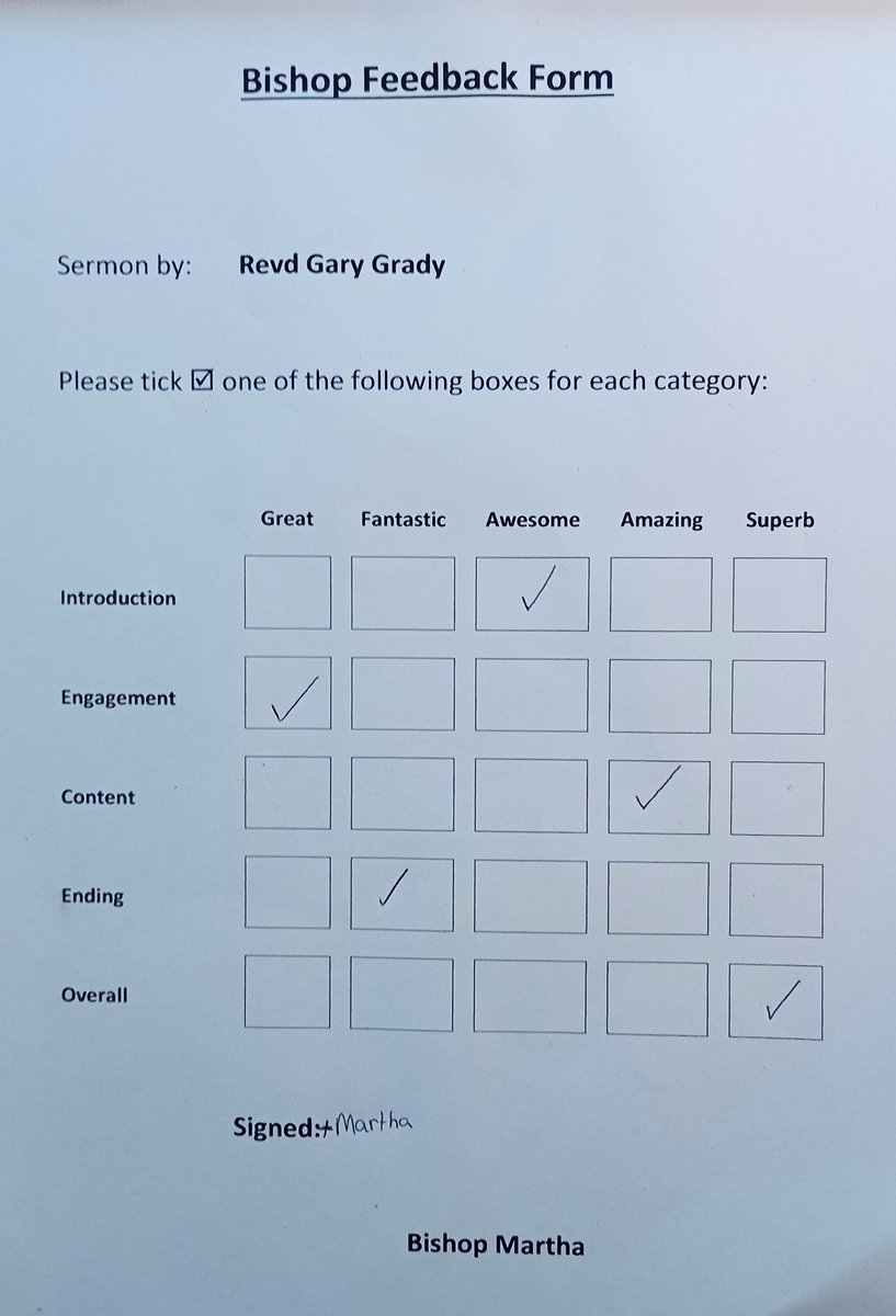 Wonderful to share the Advent Sunday service this morning <a href="/StPetersLeck/">St Peter’s Leckhampton</a> with Bishop Martha as we remembered St. Nicholas <a href="/GlosDioc/">The Diocese of Gloucester</a>
Bishop Martha was also kind enough to fill in a #sermon feedback form for me 😁