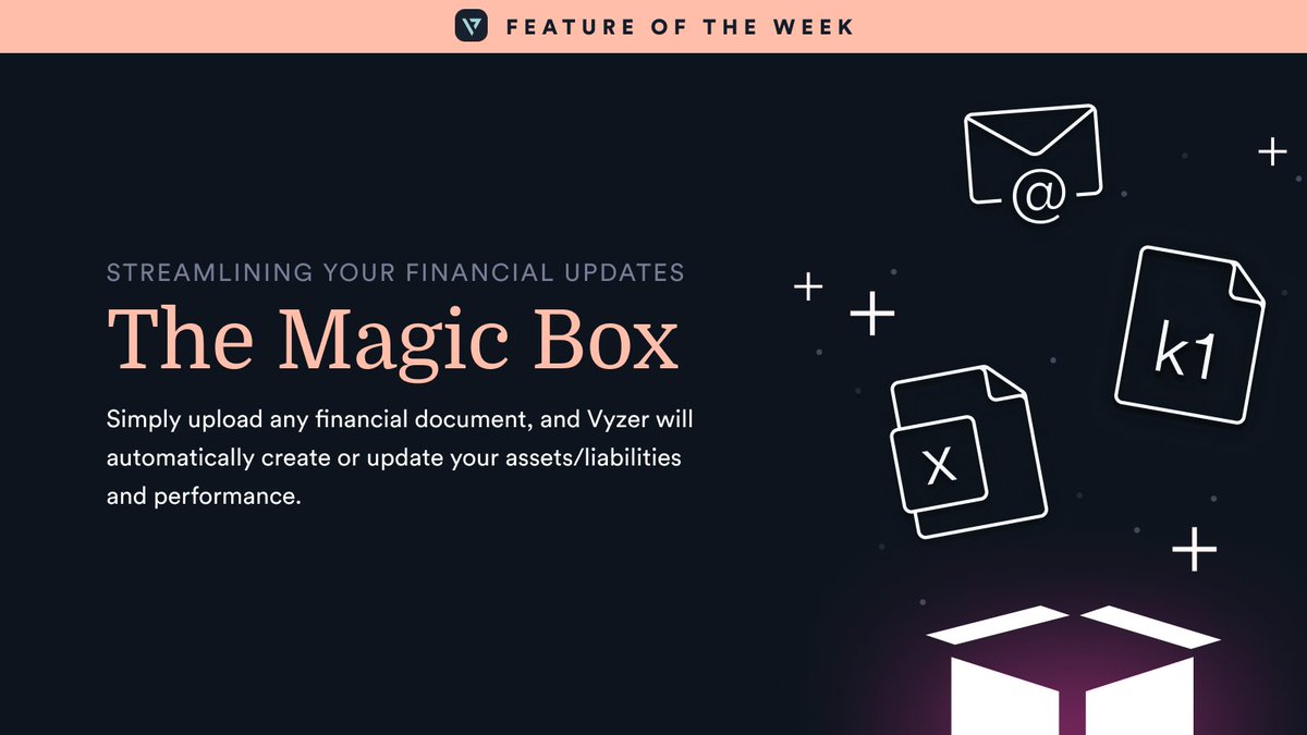 🚀 'Feature of the Week': The Magic Box by #Vyzer! 🚀

Upload a document, and voilà - your financial data is updated automatically. Simplifying finance management, one document at a time.

#FinancialSimplicity #MagicBox #FeatureOfTheWeek