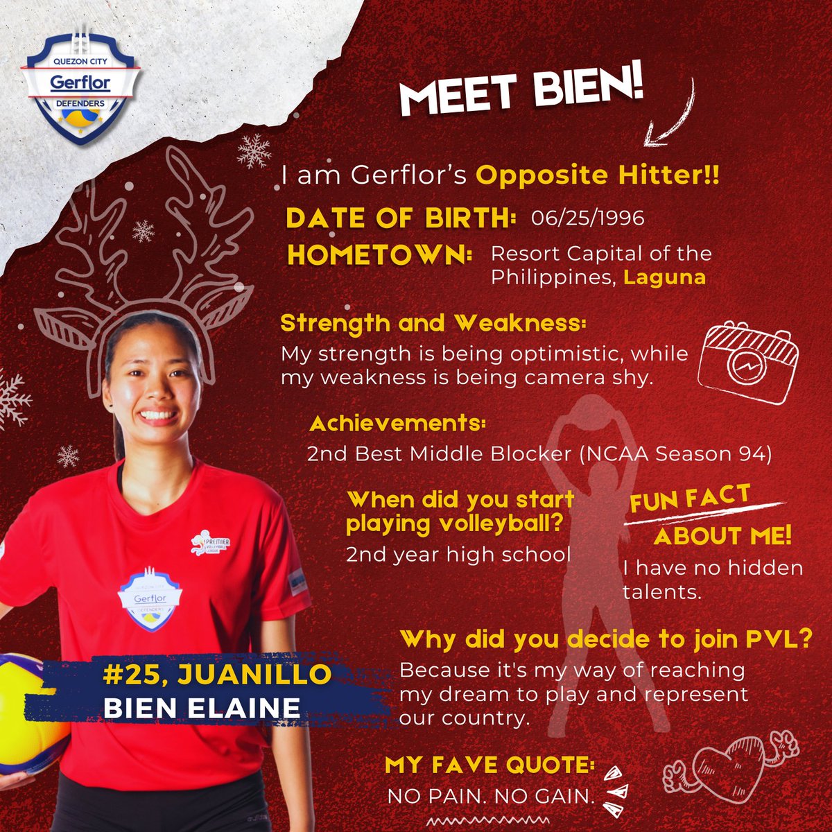 Defenders, meet Bien! 🛡

She decided to join the pro league to pursue her dreams and someday represent our country. Bien's dedication is visible, and the team commends her for that.

Thanks for being with us, Bien! 🏐