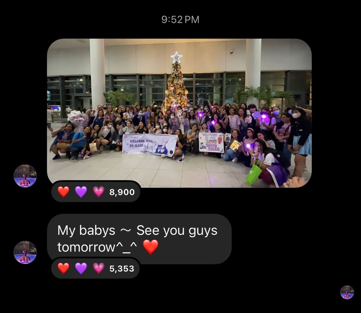 xirtuoso's tweet photo. yixing sent a photo of filipino xingmis on his broadcast channel 💜 https://t.co/LYjXDp8LaV