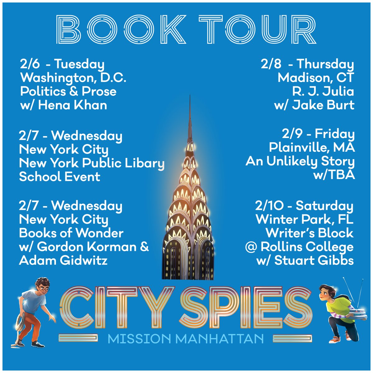 James Ponti (@jamesponti) on Twitter photo I hope to see you on the City Spies Mission Manhattan Book Tour. I'll be joined by some amazing authors including <a href="/henakhanbooks/">Hena Khan</a> , <a href="/gordonkorman/">Gordon korman</a>, <a href="/AdamGidwitz/">Adam Gidwitz</a>, <a href="/JBurtBooks/">Jake Burt</a>, & <a href="/AuthorStuGibbs/">Stuart Gibbs</a>. Find out more at linktr.ee/jamesPontiBooks. <a href="/SimonKIDS/">Simon Kids</a> I hope to see you on the City Spies Mission Manhattan Book Tour. I'll be joined by some amazing authors including <a href="/henakhanbooks/">Hena Khan</a> , <a href="/gordonkorman/">Gordon korman</a>, <a href="/AdamGidwitz/">Adam Gidwitz</a>, <a href="/JBurtBooks/">Jake Burt</a>, & <a href="/AuthorStuGibbs/">Stuart Gibbs</a>. Find out more at linktr.ee/jamesPontiBooks. <a href="/SimonKIDS/">Simon Kids</a>