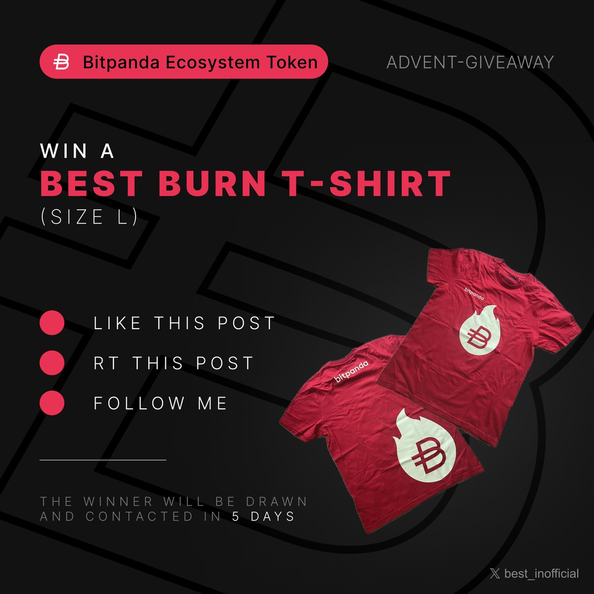 The first Advent giveaway is here.🤩🎄
Win a BEST-Burn T-shirt in size L.

How can you win?
➡️Like this post
➡️RT this post
➡️Follow me

Good Luck ❤️

#bitpanda #best #crypto #btc #christmas #advent #krypto #stocks #giveaway