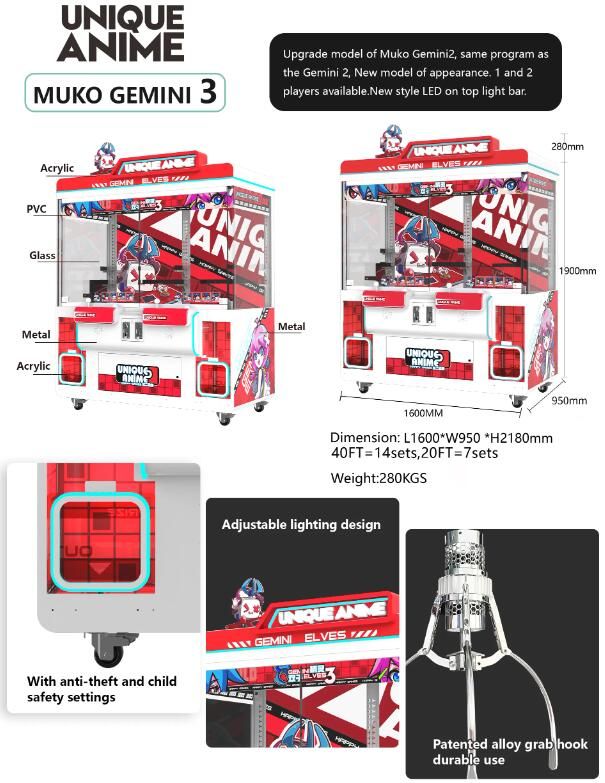 GuangzhouUniqu1's tweet image. UAD-T14 DOLL CRANE MACHINE - MUKO GEMINI 3
Upgrade model of Muko Gemini2, same program as the Gemini2 New model of appearance. 1 and 2 players available. New style LED on top light bar.
unique-animation.com/products/muko-…

#UniqueAnimation  #entertainment #amusement #arcadegames