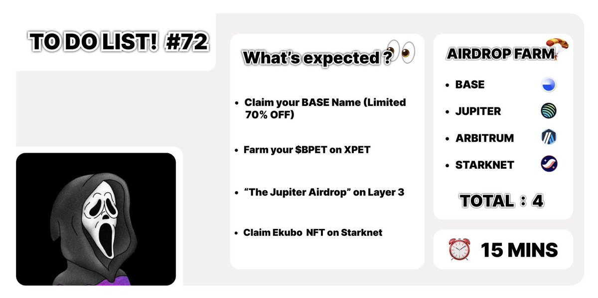 TO DO LIST! #72

🔹 Claim your BASE Name (Limited 70% OFF)
🔗 - basename.app/?af=0x2Cff5aa2…

🔹 Farm your $BPET on <a href="/xpet_tech/">memetree.io 🐻⛓</a> 
🔗 - Download: xpet.tech
🔐 - Code: xpet_74d5e976

🔹 « The Jupiter Airdrop » on Layer 3
🔗 - l3.xyz/JupiterAirdrop

🔹 Claim Ekubo NFT on