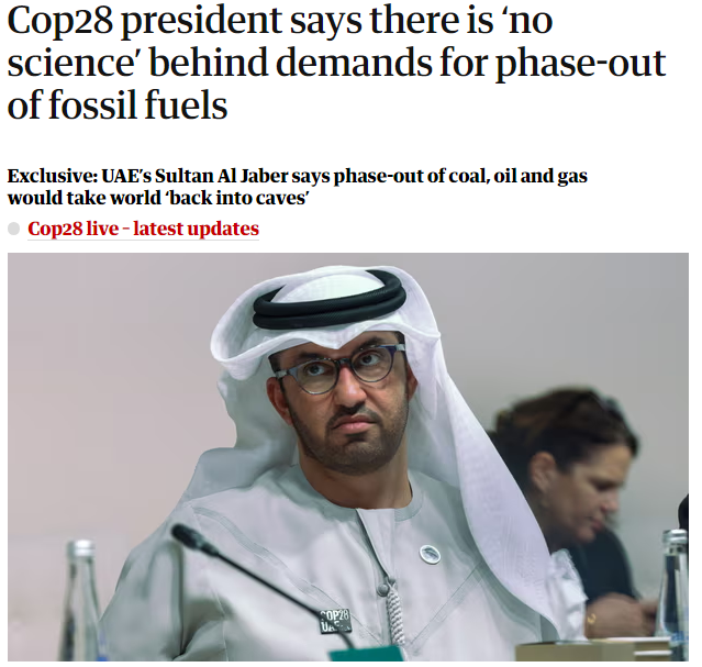 C'est officiel, le président de la COP28 est climatosceptique.
D'après lui, il n'y a pas de preuve scientifique derrière la demande de sortir des énergies fossiles.
Juste le GIEC, l'AIE, et n'importe quel scientifique dans le monde finalement.