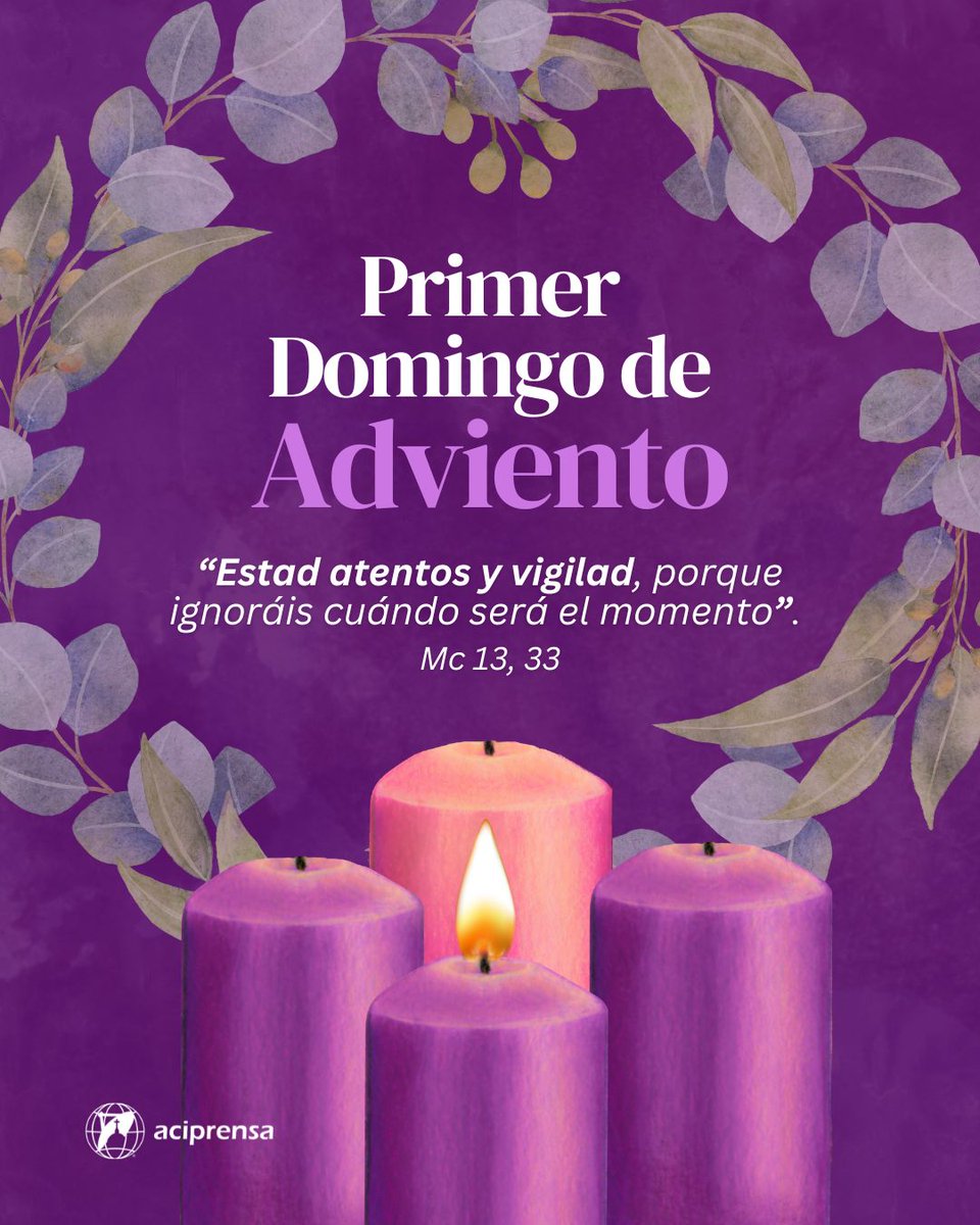 aciprensa's tweet photo. El primer domingo de Adviento es el primer día del Nuevo Año Litúrgico para la Iglesia Católica y en esta ocasión, en el Evangelio (Mc 13, 33-37), Jesús anima a los fieles a que "Velen y estén preparados, porque no saben cuándo llegará el momento".⁣
⁣
Asimismo, todas las lecturas bíblicas de esta primera semana y la predicación correspondiente deben ser una invitación a estar vigilantes, atentos, para estar a punto para cuando llegue el Señor. Por ello, es importante que toda familia católica haga un propósito conjunto que les permita avanzar en el camino hacia la Navidad.⁣
⁣
Adviento y el año litúrgico⁣
⁣
Para terminar, es importante recordar que el Año Litúrgico es el conjunto de las celebraciones con las cuales la Iglesia conmemora a lo largo de un año el misterio de Cristo.⁣
⁣
El tiempo de Adviento, que es el primer período del Año Litúrgico, tiene una duración de cuatro semanas. Este año 2023 comienza el domingo 3 de diciembre y se prolonga hasta el 24 de diciembre, cuarto domingo de Adviento y víspera del día de Navidad. Las lecturas diarias corresponden al Ciclo B.⁣
⁣
Lectura del Evangelio del Primer Domingo de Adviento según San Marcos:⁣
⁣
En aquel tiempo, Jesús dijo a sus discípulos: “Velen y estén preparados, porque no saben cuándo llegará el momento. Así como un hombre que se va de viaje, deja su casa y encomienda a cada quien lo que debe hacer y encarga al portero que esté velando, así también velen ustedes, pues no saben a qué hora va a regresar el dueño de la casa: si al anochecer, a la medianoche, al canto del gallo o a la madrugada. No vaya a suceder que llegue de repente y los halle durmiendo. Lo que les digo a ustedes, lo digo para todos: permanezcan alerta” (Mc 13, 33-37).⁣