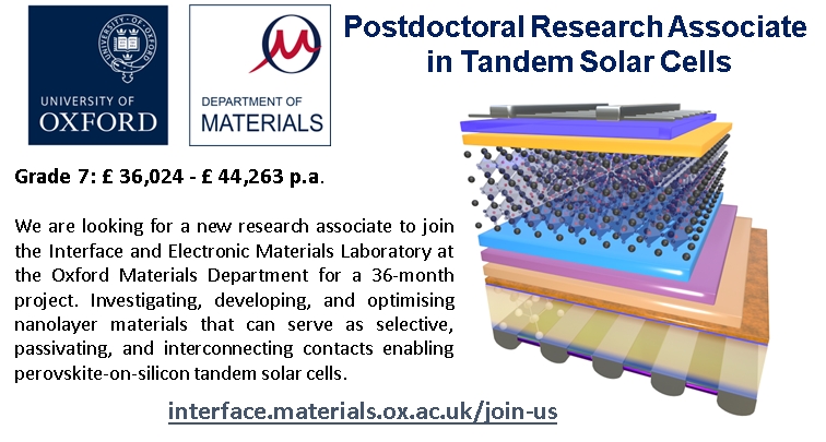 Exciting Postdoc opportunity at @OxfordMaterials !📢
 36-month project on tandem solar cells 🌞 Dive into interface nanolayer research for renewable energy breakthroughs 💡, 🙏RT
interface.materials.ox.ac.uk/join-us
#PostdocOpportunity #SolarEnergy #RenewableEnergy #ResearchCareers