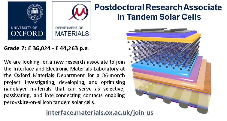 Ruy Sebastian Bonilla moved to BSKY (@bonillaruys) on Twitter photo Exciting Postdoc opportunity at <a href="/OxfordMaterials/">Oxford Materials</a> !📢
36-month project on tandem solar cells 🌞 Dive into interface nanolayer research for renewable energy breakthroughs 💡, 🙏RT
interface.materials.ox.ac.uk/join-us
#PostdocOpportunity #SolarEnergy #RenewableEnergy #ResearchCareers Exciting Postdoc opportunity at <a href="/OxfordMaterials/">Oxford Materials</a> !📢
36-month project on tandem solar cells 🌞 Dive into interface nanolayer research for renewable energy breakthroughs 💡, 🙏RT
interface.materials.ox.ac.uk/join-us
#PostdocOpportunity #SolarEnergy #RenewableEnergy #ResearchCareers