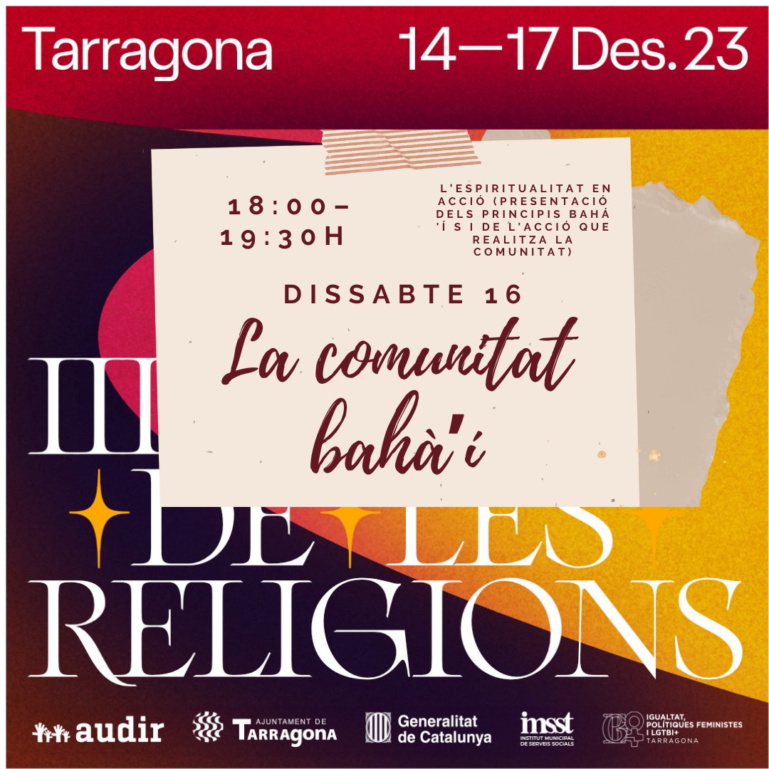 nitdereligions's tweet photo. La comunitat bahà’í, l’espiritualitat en acció
Dissabte 16, 18:00–19:30h Llar Municipal de Gent Gran Centre. Carrer d’Adrià, 4. #nitReligionsTGN #NitReligionsTGN2023 #Bahai
Coneix els principis bahà'ís i les accions de la comunitat a través d'activitats artístiques i exposicions. https://t.co/ztTulO8tDW