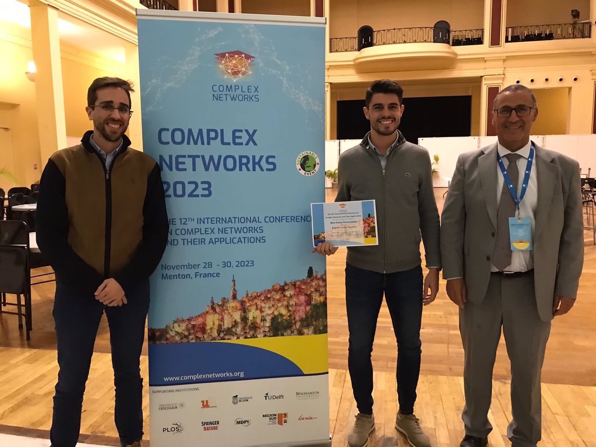 manuel__pita's tweet photo. Best poster presentation at #complexnetworks2023 🎉
Bruno was not expecting it, João Pedro and me had a little quiet whispering voice inside saying “wouldn’t it be super cool?” I wish I was there. We will do our best to be all in Istanbul next year! https://t.co/4ucA3vFMQf