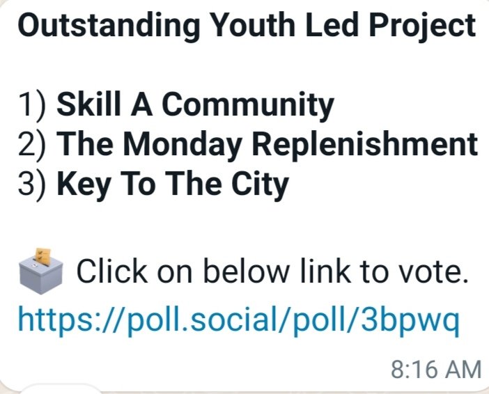 Our initiative Skill A Community <a href="/SkillCom2023/">Skill A Community</a> has been nominated for a community award under outstanding youth led project category

Vote for us us by using the link
poll.social/poll/3bpwq

@pracaawards23
<a href="/FundileNkala/">Fundile Nkala🇿🇼</a> <a href="/MissKay_zw/">Chipo Kay writes ...</a> <a href="/CondryMabonisa/">Njulabuchopho KaMabonisa</a> <a href="/soxthepoet/">SoxThePoet</a> <a href="/youth/">Youth</a>