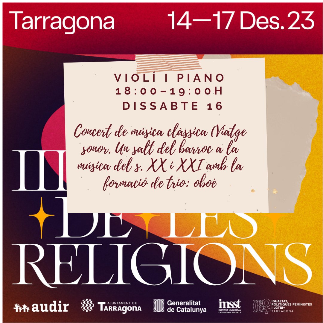 nitdereligions's tweet photo. Concert de música clàssica: Viatge sonor
Dissabte 16, 18:00–19:00h
Església Tarragona #barridelport. Carrer de Smith, 37. #nitReligionsTGN #NitReligionsTGN2023 
Un viatge musical del barroc a la música del segle XX i XXI. Trio d'oboè, violí i piano x oferir una experiència única https://t.co/zHU3E5y5X8