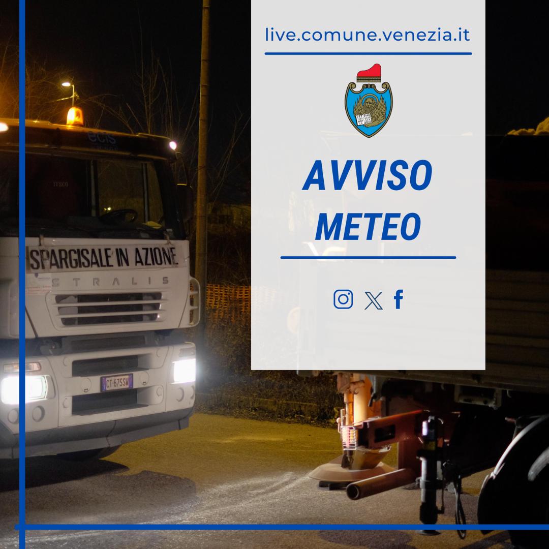 #Avviso #Pianofreddo

❄️La Protezione civile del Comune di Venezia comunica che, vista la possibilità di gelate nelle ore più fredde, dalle ore 22 di questa sera, domenica 3 dicembre, entreranno in azione i mezzi spargisale.

🔸I mezzi procederanno alla salatura di tutti i