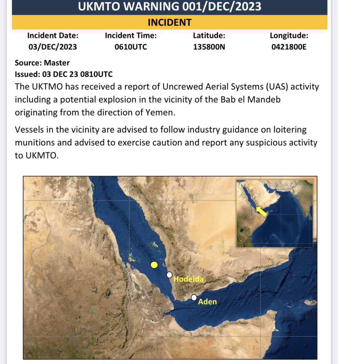 BREAKING: A UK-owned ship trying to pass through the Bab el-Mandeb strait has been struck by a suicide drone launched by the Houthi rebels in Yemen. The ship has been issuing distress calls & military vessels are sailing toward it to help. International trade under attack!