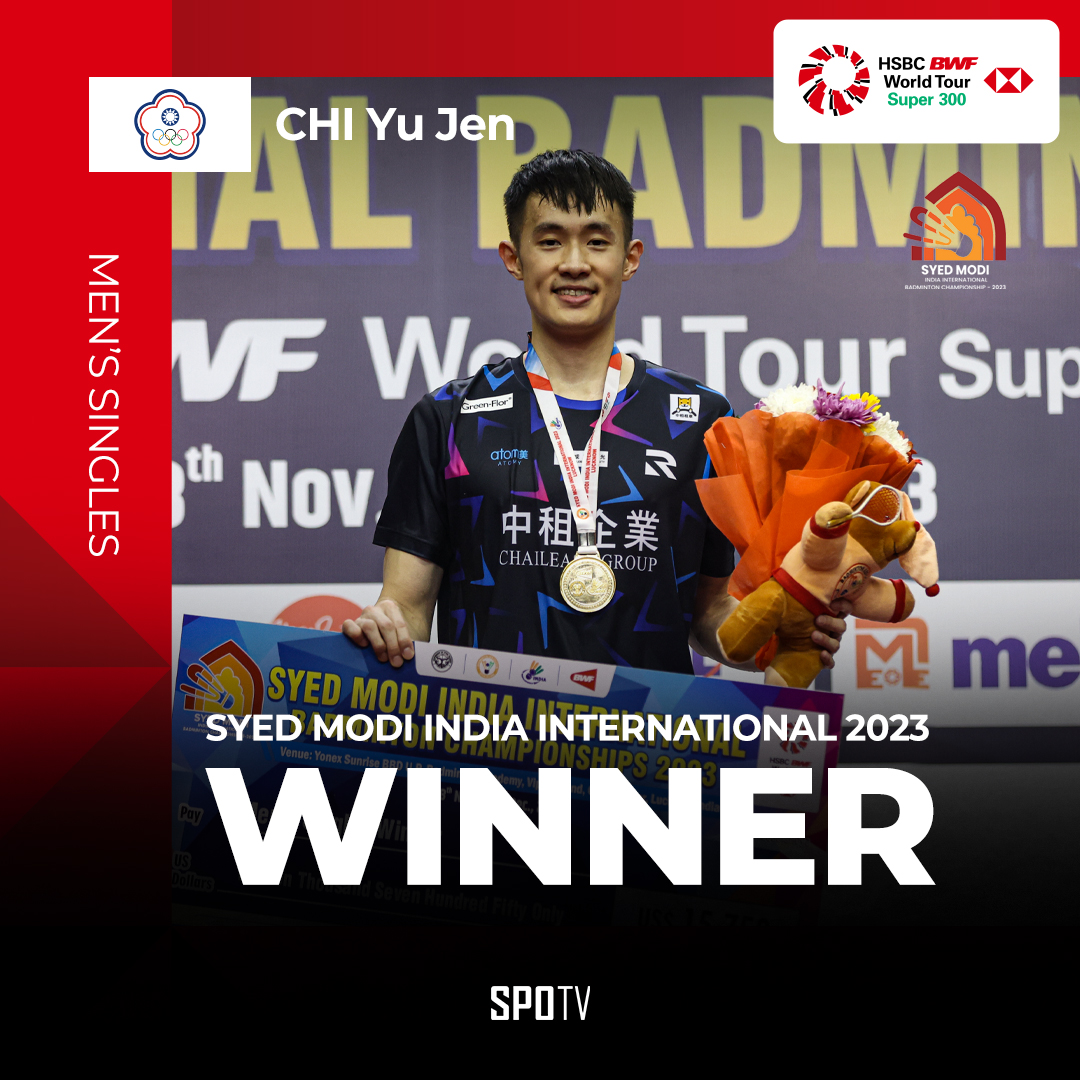 #BWF | Chi Yu Jen secures his first win over 🇯🇵 Kenta Nishimoto to clinch the Men's Singles title. He has beaten Kenta with a result of 20-22, 21-12, 21-17.  

Watch #SyedModi2023 LIVE on #SPOTVNOW!

#badminton #BWFWorldTour #SPOTVSEA