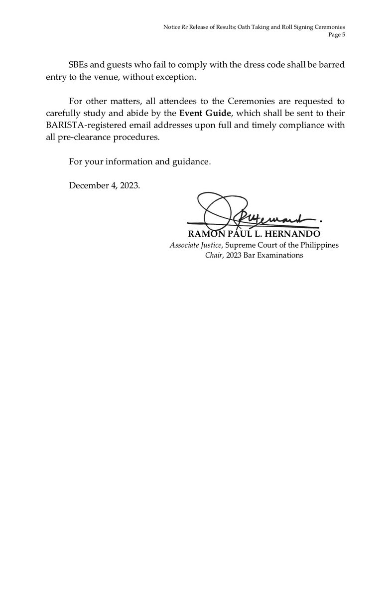 Guidelines for the Oath Taking and Roll Signing Ceremonies are also issued in the Notice.

READ the Notice in full at sc.judiciary.gov.ph/wp-content/upl…

#Bar2023 #WeCanDoIt #HernanDoIt (2 of 2)