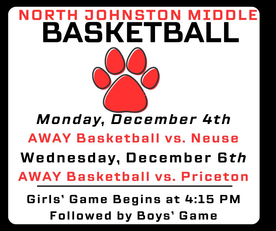 Our <a href="/NJMiddleJaguars/">North Johnston Middle</a> basketball teams continue in action this upcoming week! 

The Jaguars will travel to Neuse Charter and Princeton this week! 

Our first HOME game is scheduled for Monday, December 11th! 

#JaguarStrong <a href="/NoJo_Jaguars/">NJMS Athletics</a>