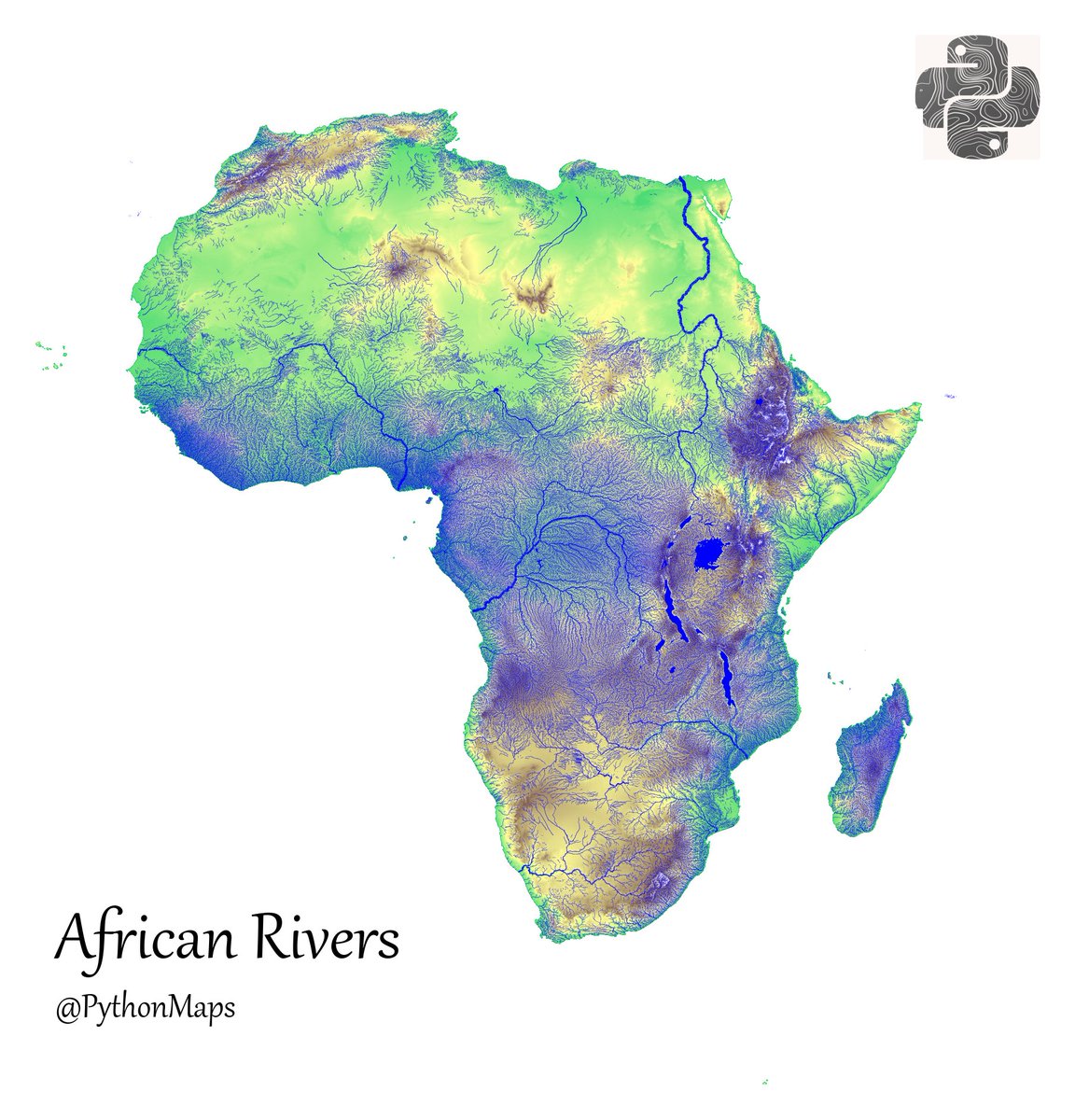 PythonMaps's tweet image. Rivers of Africa plotted on top of a topography map.