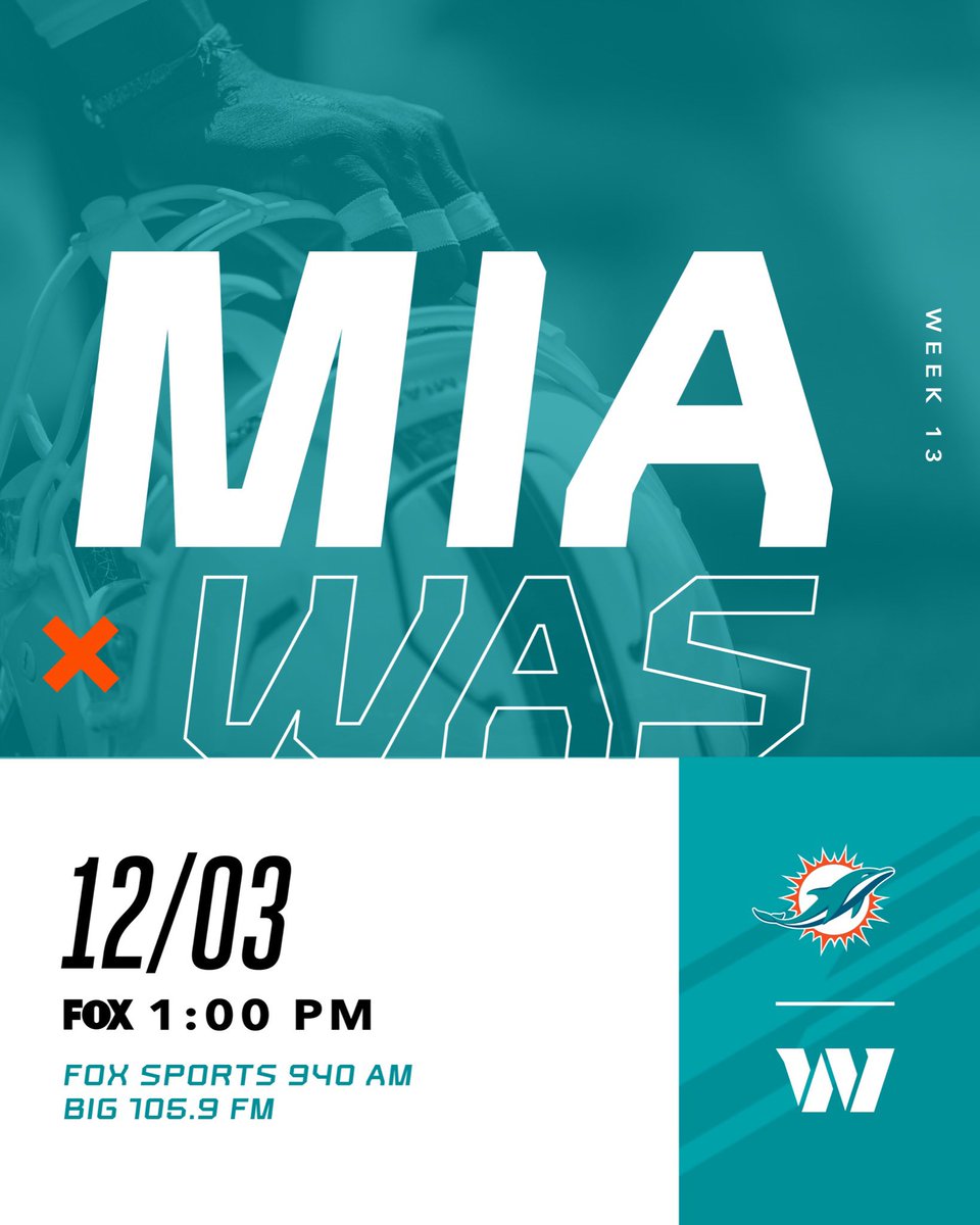 MiamiDolphins's tweet image. 🏈: #MIAvsWAS
⏰: 1:00 PM EST
🏟️: @FedExField
📺: @NFLonFOX
📻: @BIG1059FM &amp;amp; @FoxSports940
📲: Official Miami Dolphins
💻: Dolphins.com