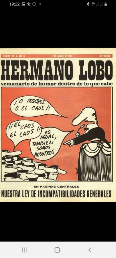 Unos amigos han encontrado la portada de "Hermano lobo" (1975) que mencioné el otro día en El Hormiguero. No es de Chumy Chúmez, como creí recordar, pero no puedo leer la firma del autor. Lo genial de ella es que medio siglo después sigue clavando la realidad política española.