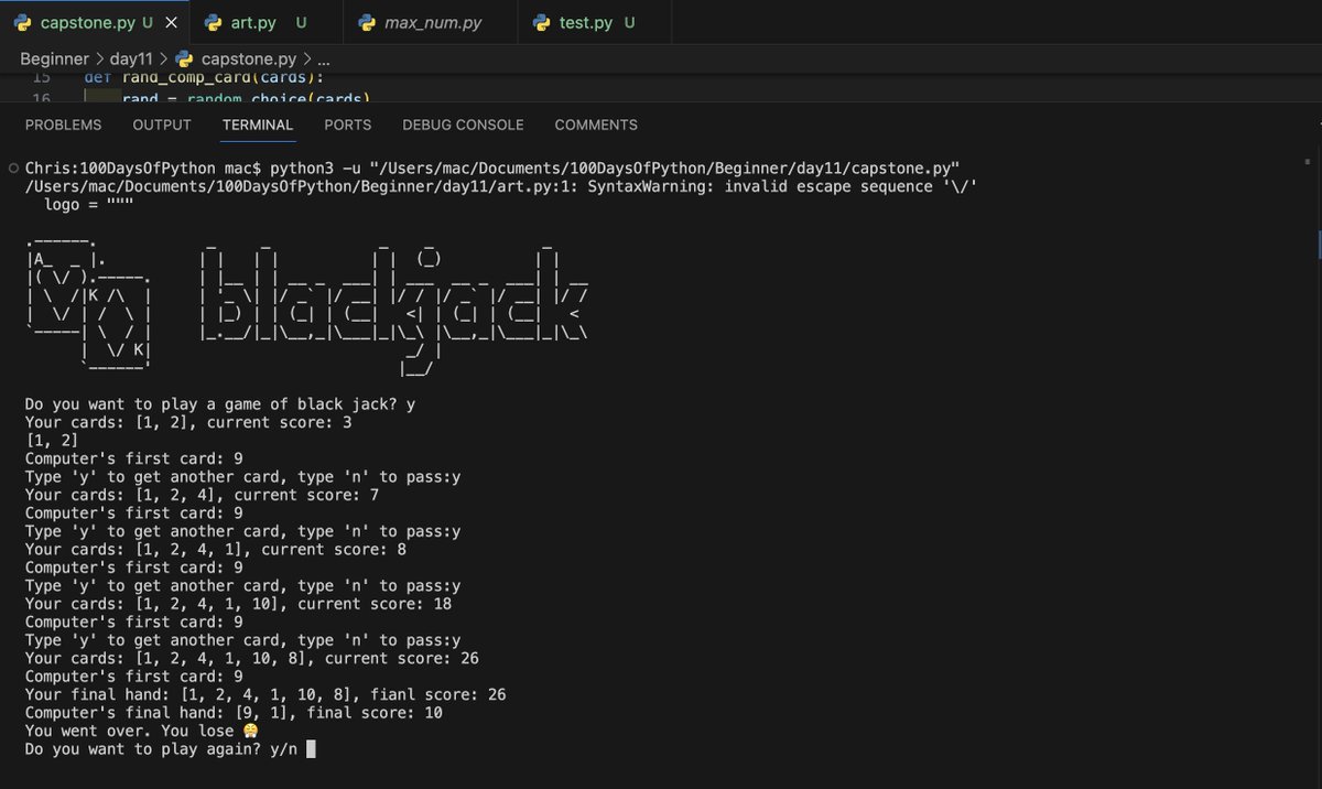 oluchristian0's tweet photo. Day #11 #100DaysOfCode #100DaysofCodeinPython
I am so glad to have completed my capstone project.
I built a BlackJack game from scratch to finish. From not knowing how to play Blackjack to building the game☺️.
Cheers to more wins.
We Do Hard Things. https://t.co/SLjszkQPHk