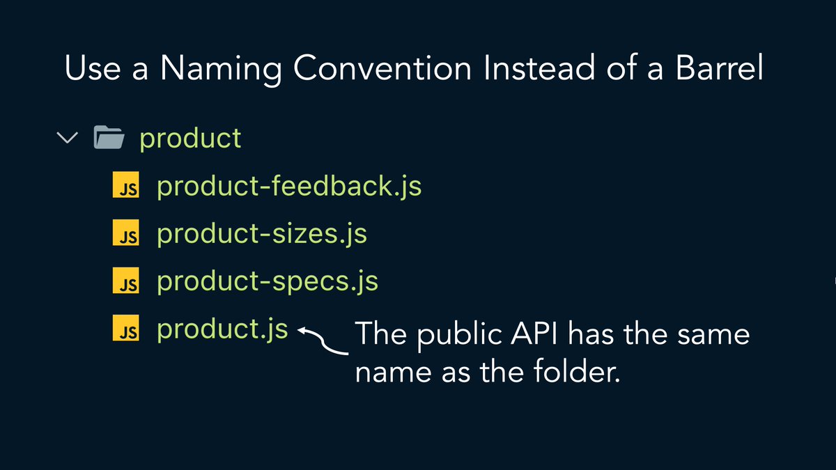 housecor's tweet photo. Claim: “I need a barrel to specify the feature’s public API.” 

Reality: There are alternatives. 

1. Use one file. Only export the public API. 

2. Use a naming convention: The public API has the same filename as the folder.

I use 1 for small features, and 2 for big features.