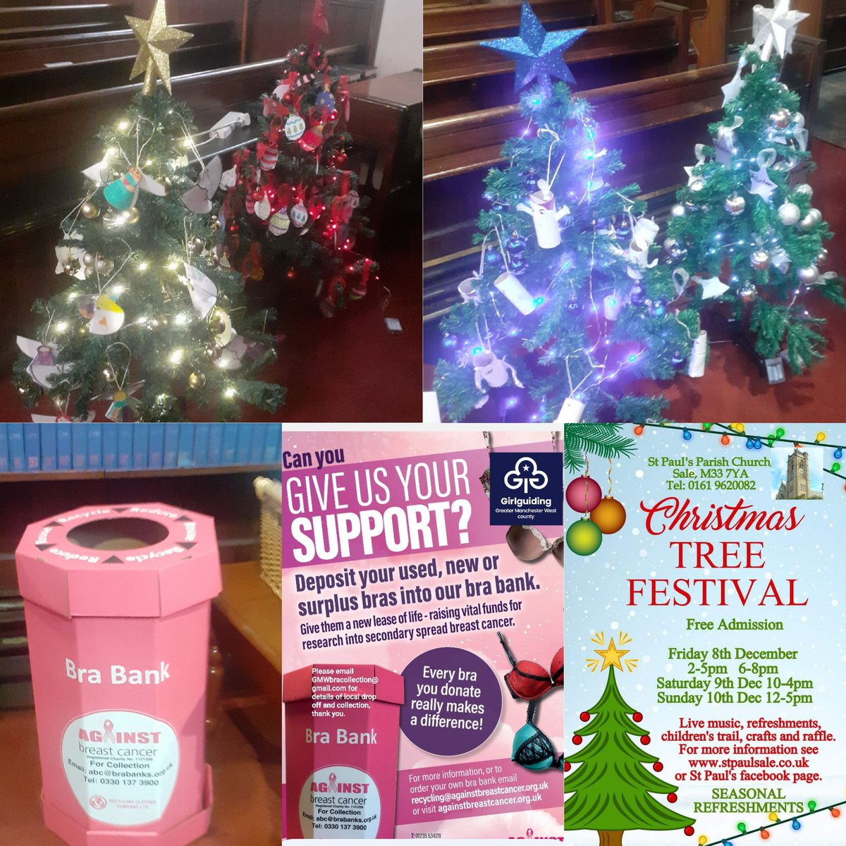 Girlguiding in Sale has a number of trees in the <a href="/StPaulsM33/">St Paul's Parish Church, Sale</a> Christmas Tree Festival next weekend. 
There will be a drop off point for bra donations towards the <a href="/GirlguidingGMW/">Girlguiding GMW</a> &amp; <a href="/Girlguiding_NWE/">Girlguiding North West England</a> bra collection for <a href="/BreastAgainst/">AgainstBreastCancer</a> so please bring any donations.

Thank you ❤