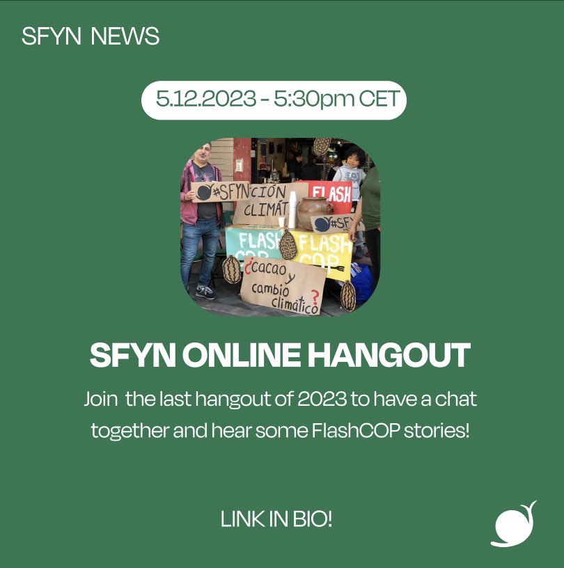 The LAST SFYN online hangout of 2023 🔥 Join the call to chat together, share your #FlashCOP experiences and hear the others from the network, exchange points of view and have a good time :) Video call link: meet.google.com/wbg-hpbq-ssx