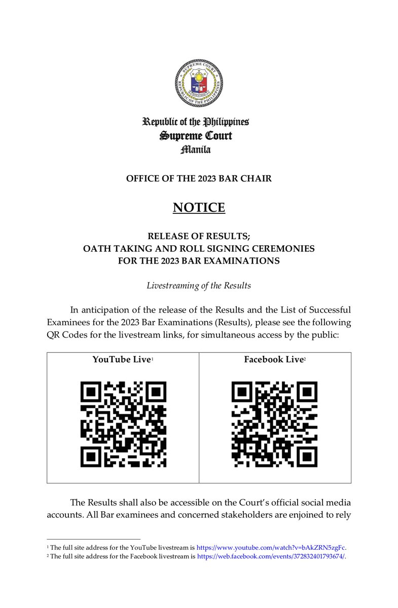 SCPh_PIO's tweet image. In anticipation of the #Bar2023 Results tomorrow, December 5, 2023, please scan the following QR Codes for the livestream links, for simultaneous access by the public.

READ the Notice in full at sc.judiciary.gov.ph/wp-content/upl…

#WeCanDoIt #HernanDoIt (1 of 2)