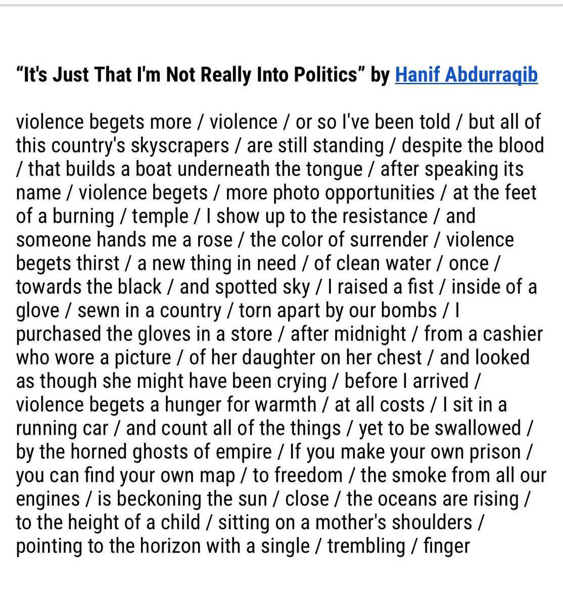 The Madwoman in the Classroom (@heymrsbond) on Twitter photo My students were very intimidated by this poem by <a href="/NifMuhammad/">Hanif Abdurraqib</a>.
After several readings and days of annotation, when asked, ‘if poetry is not a luxury, what it is, according to this poem,’ a student wrote:
“Poetry is an urgent reminder that we are all connected.” My students were very intimidated by this poem by <a href="/NifMuhammad/">Hanif Abdurraqib</a>.
After several readings and days of annotation, when asked, ‘if poetry is not a luxury, what it is, according to this poem,’ a student wrote:
“Poetry is an urgent reminder that we are all connected.”