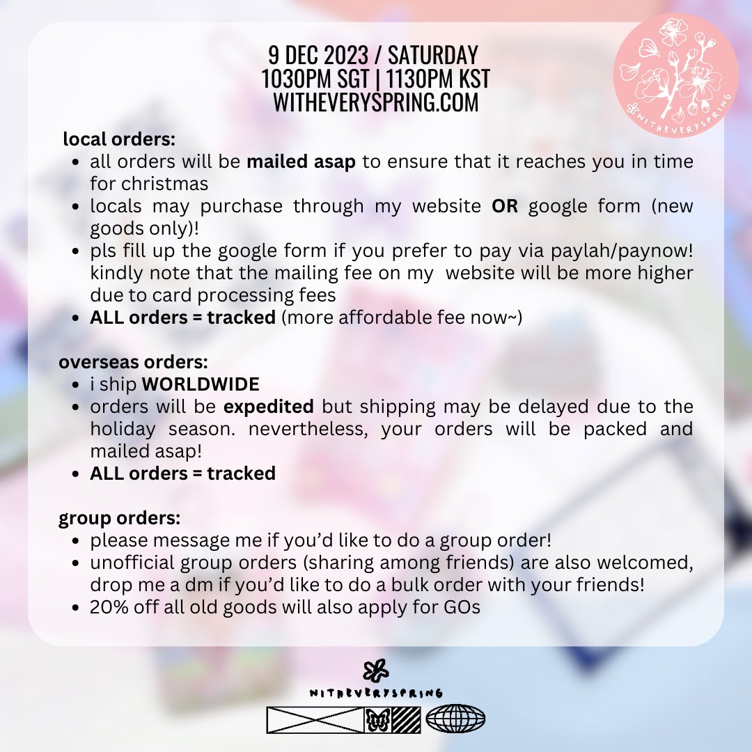 witheveryspring's tweet photo. [PLS HELP RT! 💗] WES SHOP UPDATE &amp; CHRISTMAS SALE 

9 DEC, NEXT SAT 1030PM SGT / 1130PM KST

Thoughtfully designed goods with a touch of spring ~ 🌸 Enjoy 20% off ALL old products (no code required)!

🕰️ 9 Dec (next Sat), 1030PM SGT 1130PM KST
🛒 https://t.co/WG3u0KOiwm
🌍 GO=DM https://t.co/4DFsHbgV9o